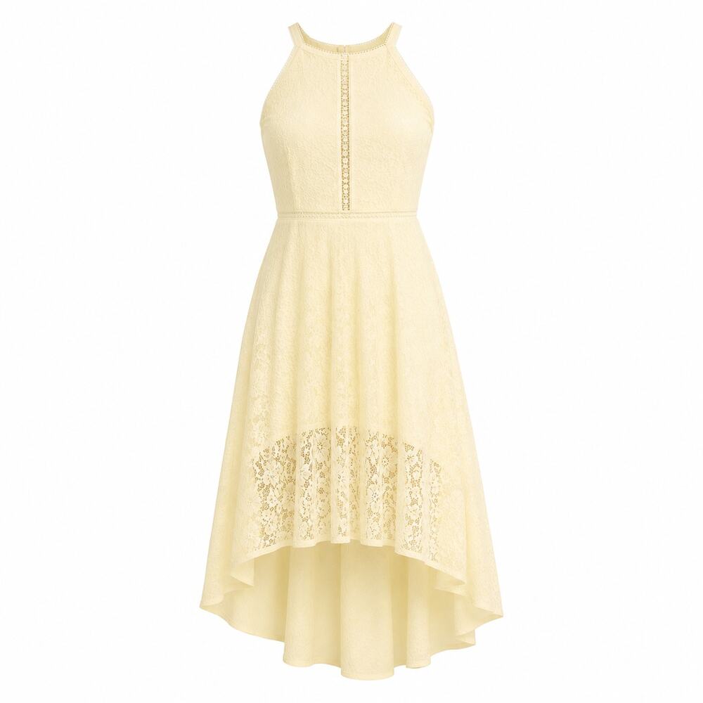 Vince Camuto Cream Lace Dress Sz 2 High-Low Hem Built-In Halter Elegant Midi